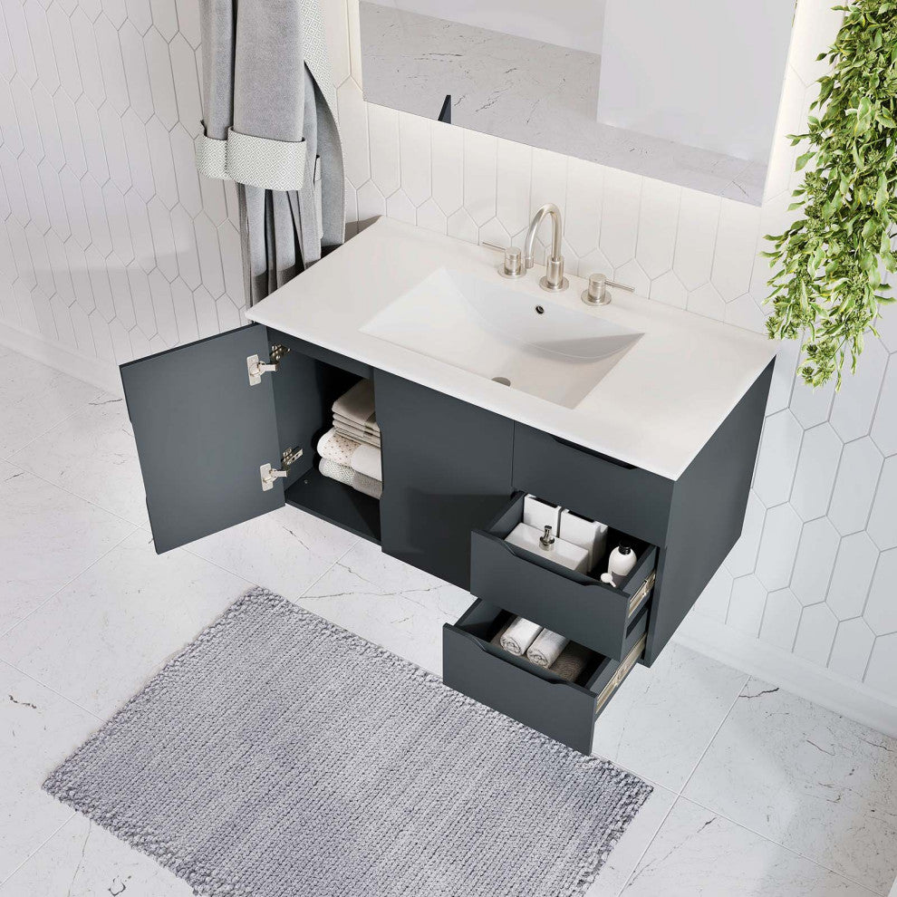 Sink Vanity Cabinet, White Gray, Ceramic, Melamine, Modern, Hotel Bathroom