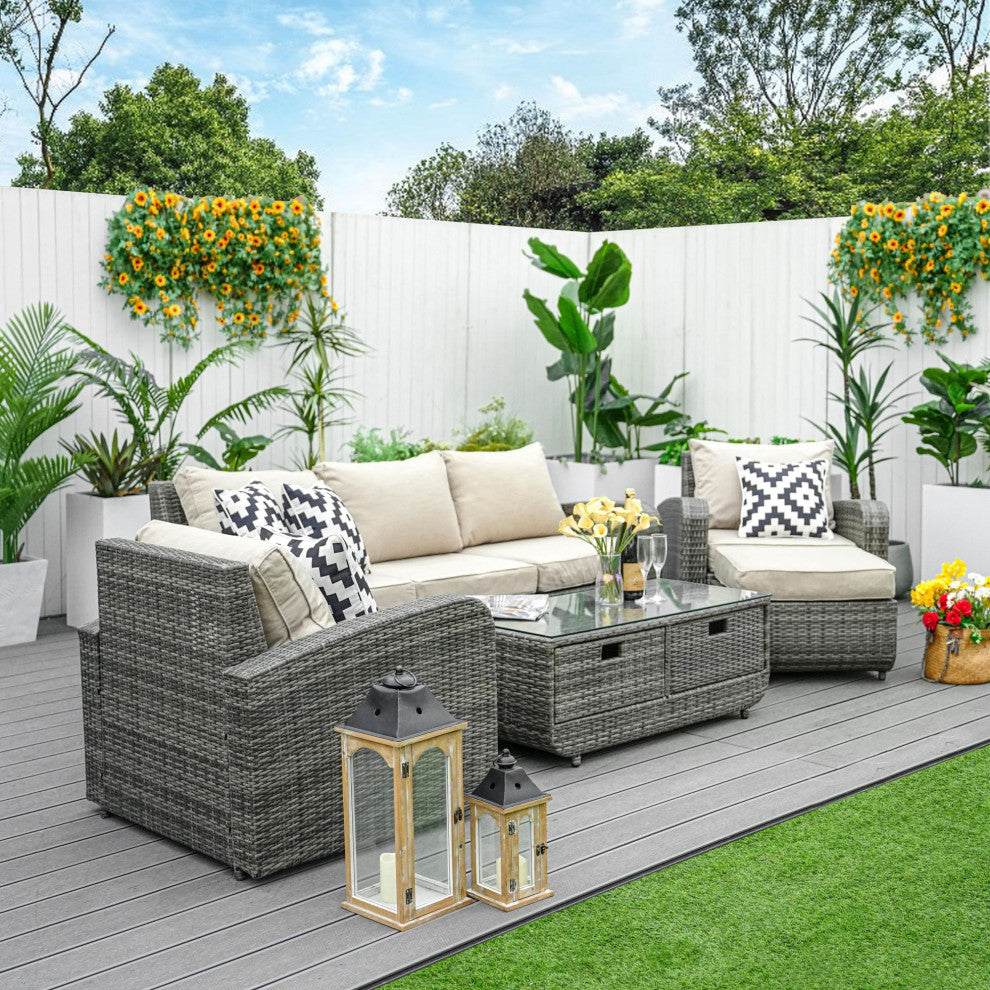 5-Piece Patio Wicker Cozy Conversation Seating Set, Grey Wicker