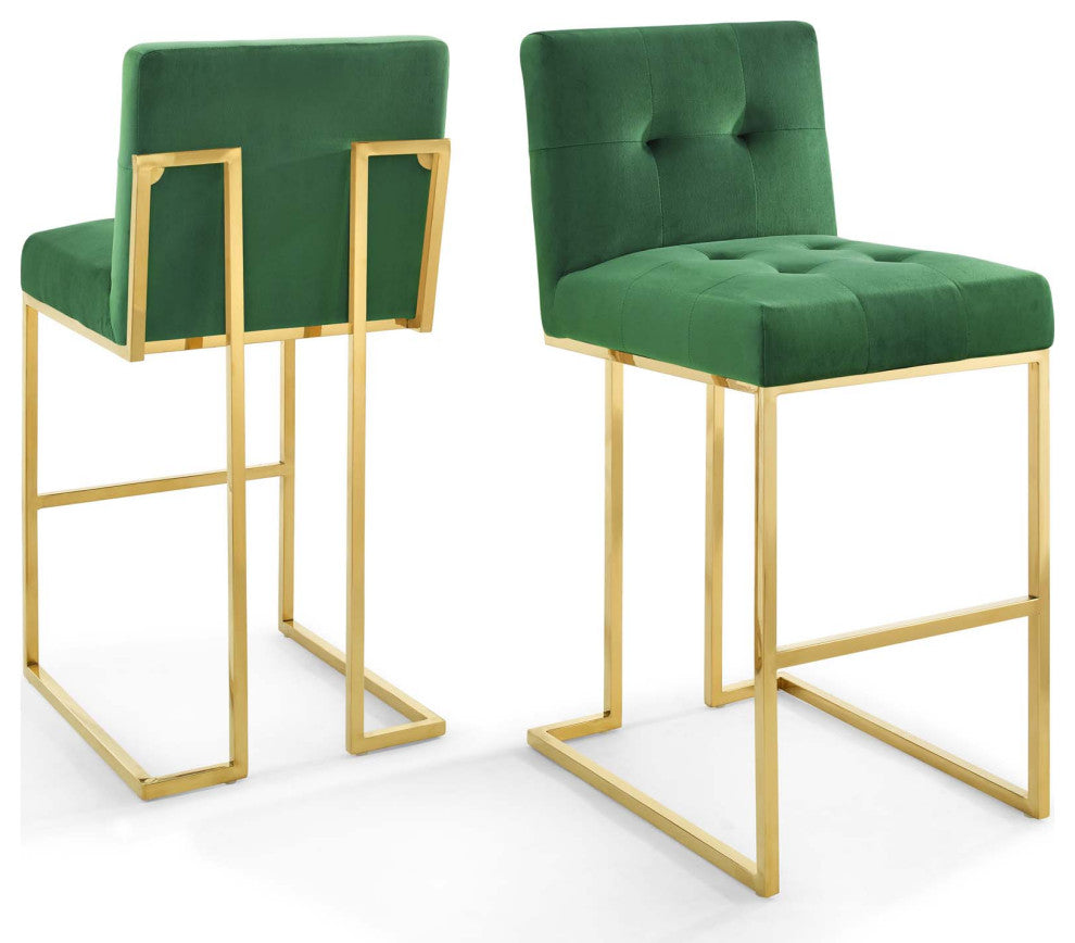 Bar Stool Chair Barstool, Set of 2, Velvet, Metal, Gold Green, Modern, Bar Pub