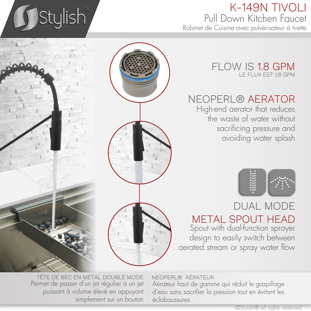 STYLISH Single Handle Pull-Down Dual Mode Kitchen Faucet, Matte Black