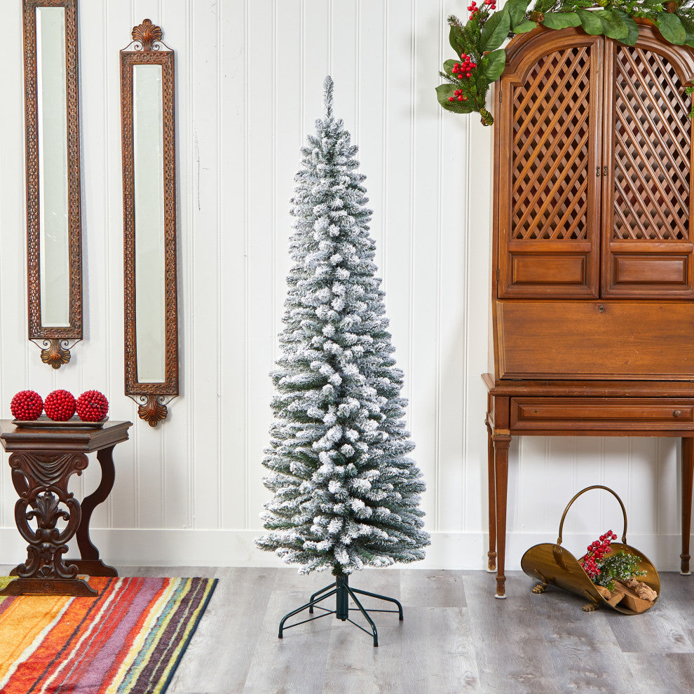 6' Flocked Pencil Artificial Christmas Tree With 438 Bendable Branches