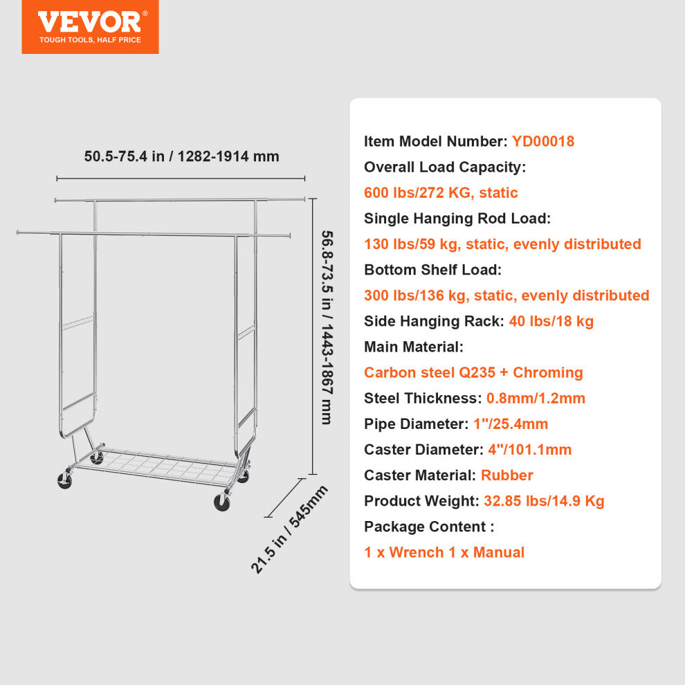 VEVOR Clothes Rack Heavy Duty Clothing Garment Rack Double Hanging Rod 600 lbs