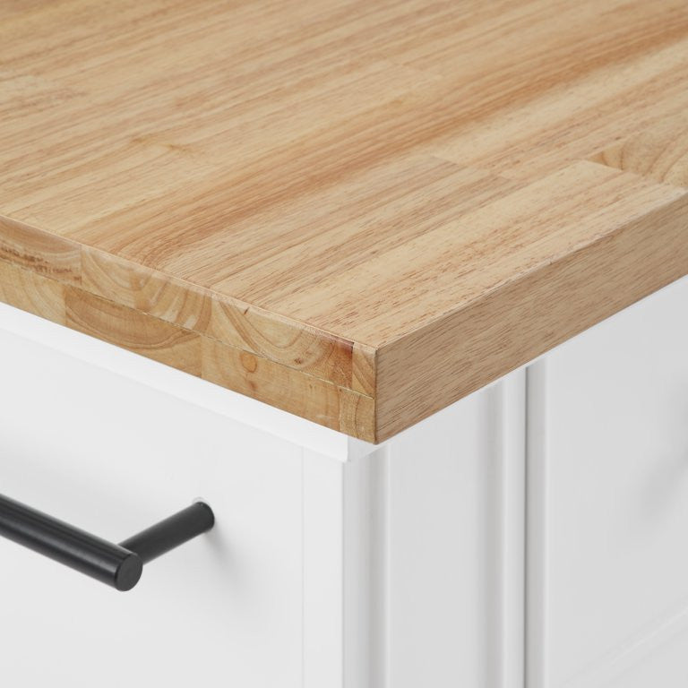 Contemporary Kitchen Island, Spacious Natural Top & Plenty Storage Space, White