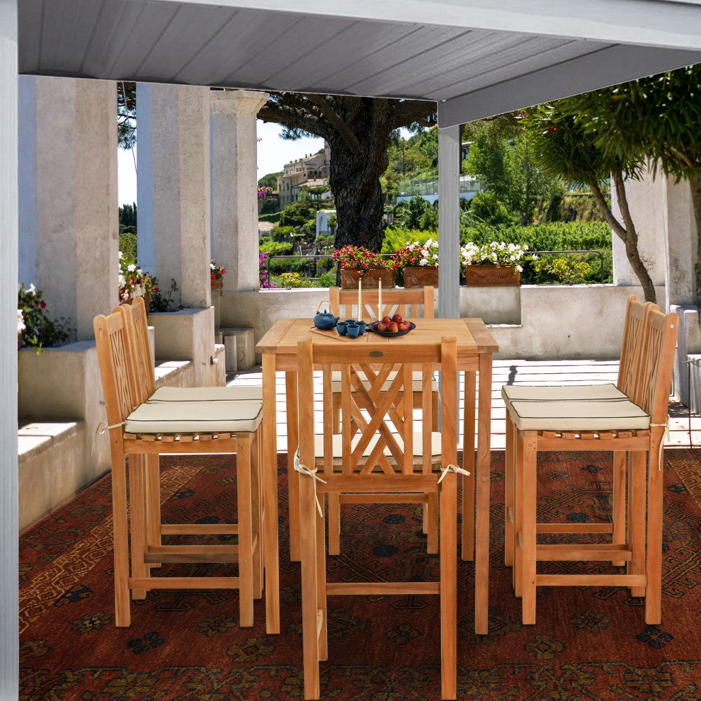 7 Piece Teak Wood Chippendale 63" Rectangular Bistro Bar Set, 6 Bar Chairs