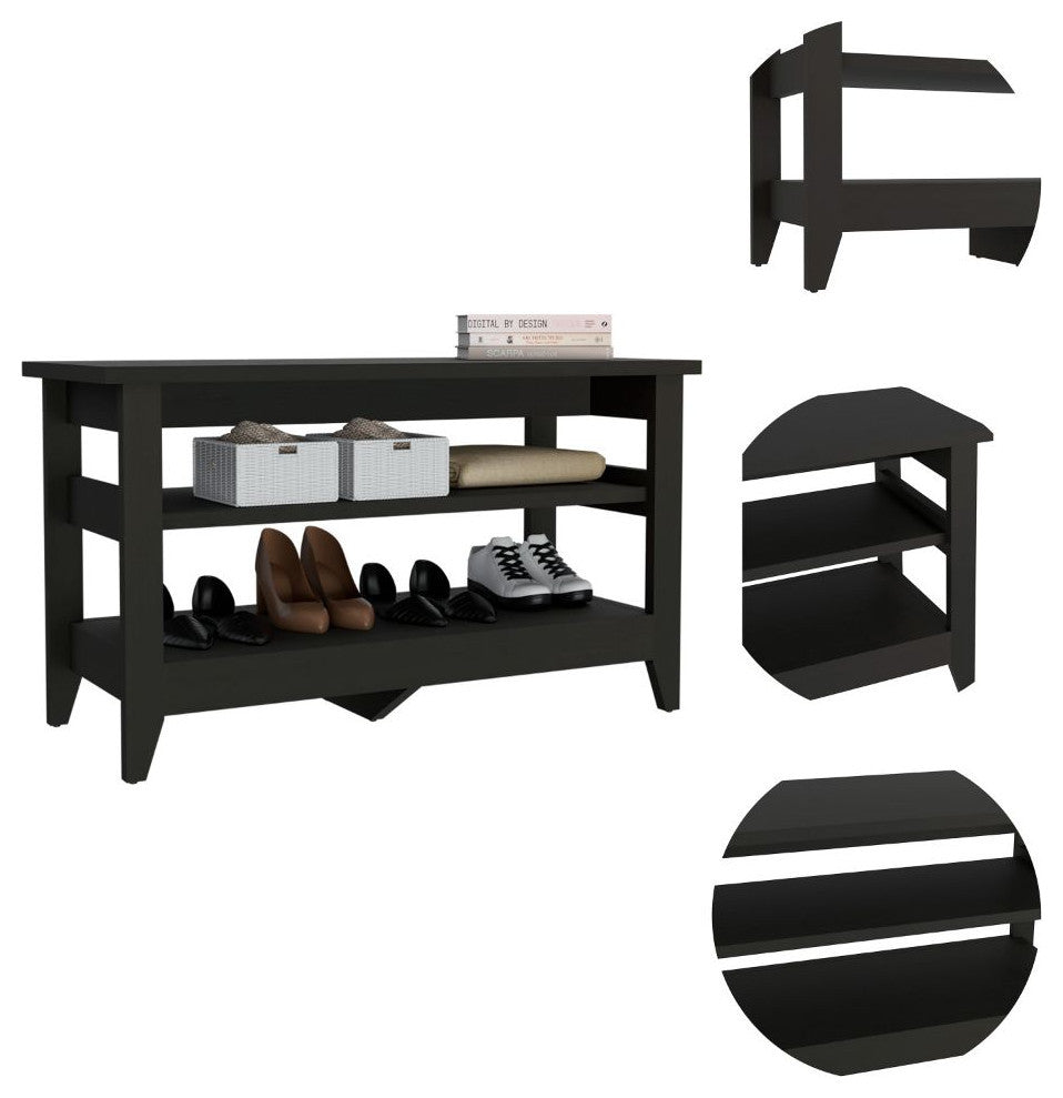 Vilna Storage Bench with 2 Open Shelves and 4 Legs, Black