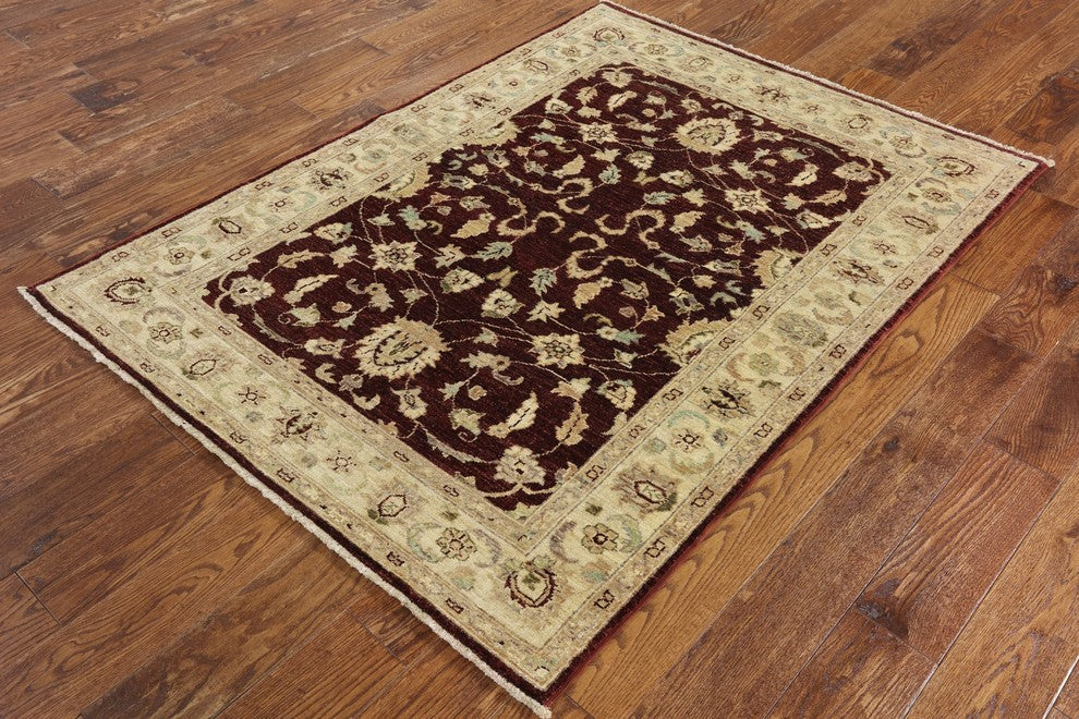 Oushak Chobi Peshawar Burgundy Hand-Knotted Wool Rug, 4'x6'