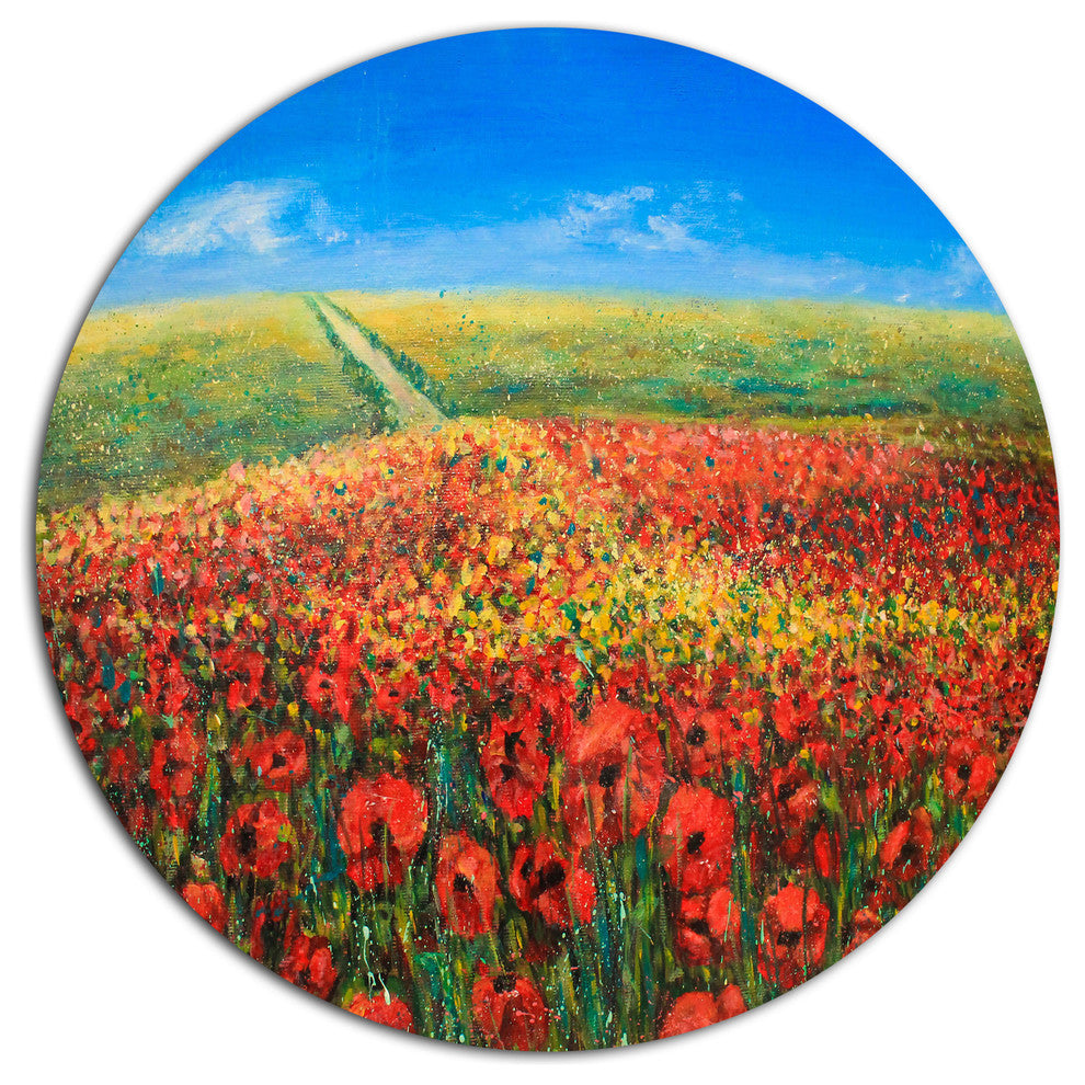 Acrylic Landscape With Red Flowers, Floral Disc Metal Artwork, 23"