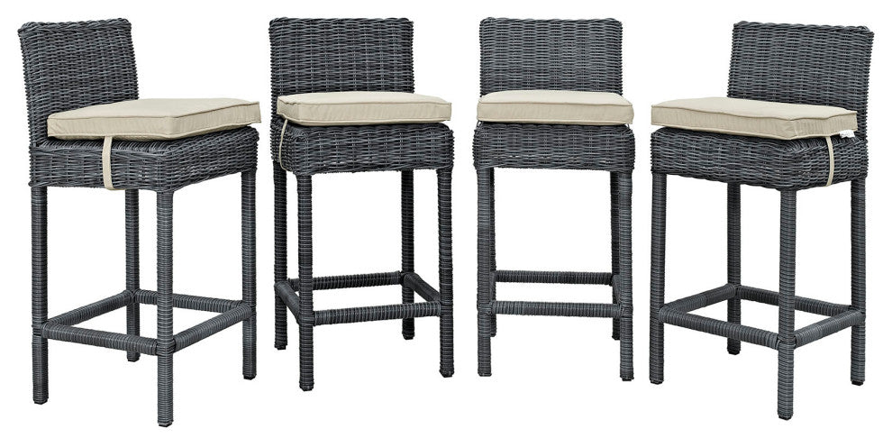 Modway Summon Bar Stool Outdoor Patio Sunbrella Set of 4, Antique Canvas Beige