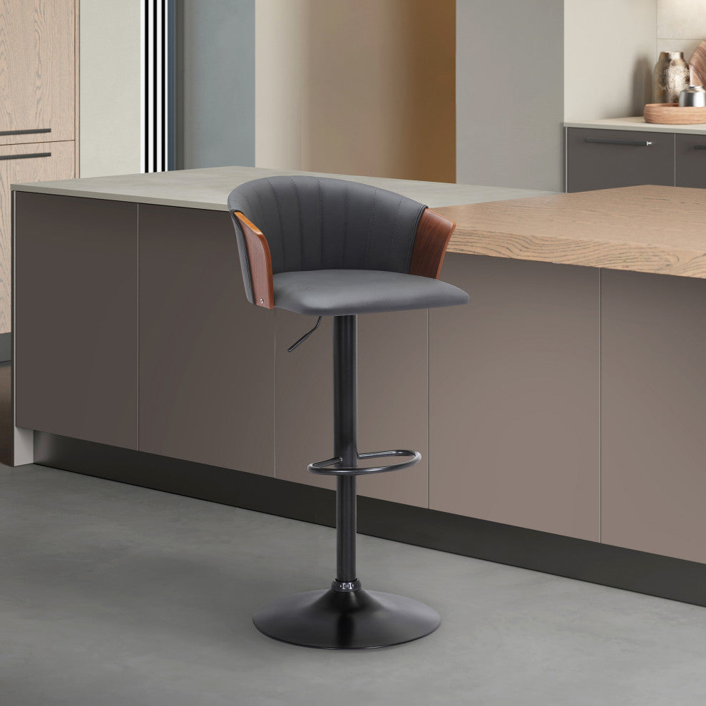 Lydia Adjustable Walnut Wood Bar Stool, Cream Faux Leather With Black Metal, Gray Faux