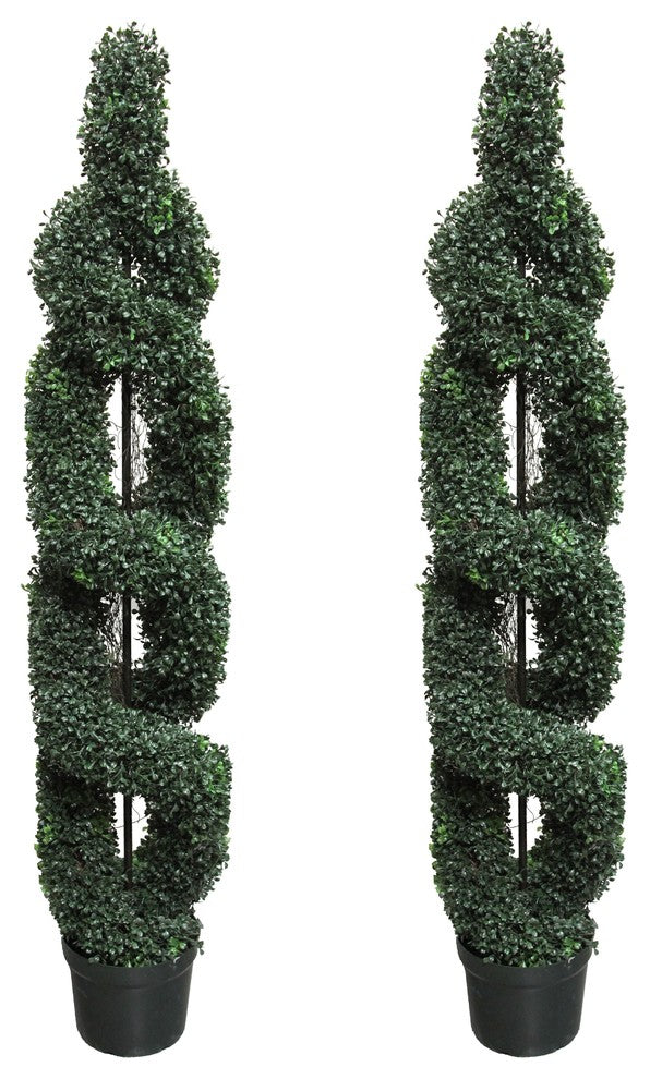 5 Feet Artificial Boxwood Leave Double Spiral Topiary In Plastic Pot, Green, Set