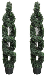 5 Feet Artificial Boxwood Leave Double Spiral Topiary In Plastic Pot, Green, Set