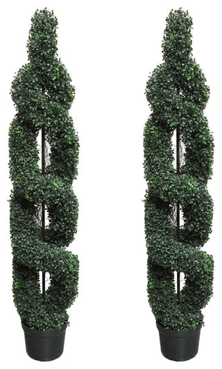 5 Feet Artificial Boxwood Leave Double Spiral Topiary In Plastic Pot, Green, Set