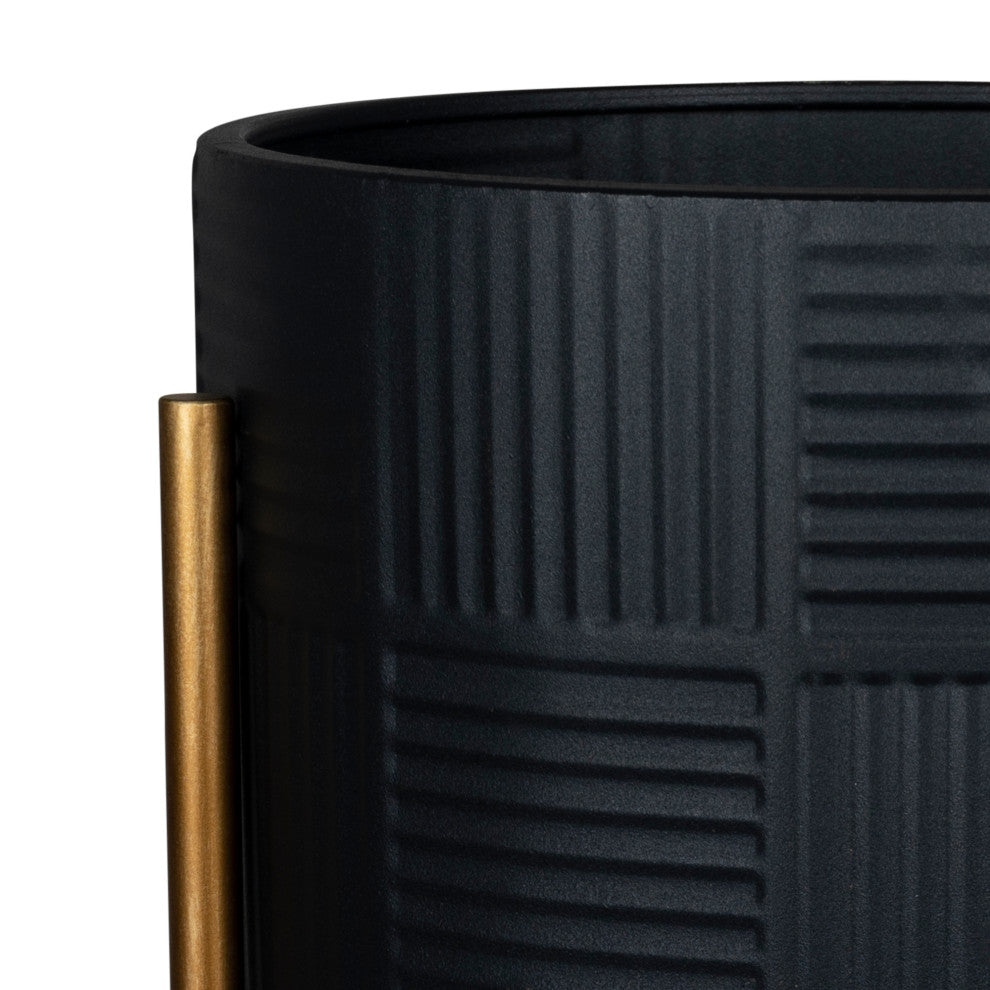 Black Geo Texture Metal Planter With Bronze Stand