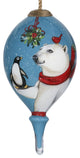 Snowy Polar Bear and Penguin Hand Painted Mouth Blown Glass Ornament