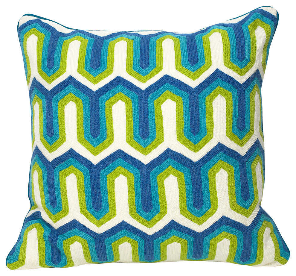 Hand-Embroidered Panaji Blue Geometric Pillow, Cover Only