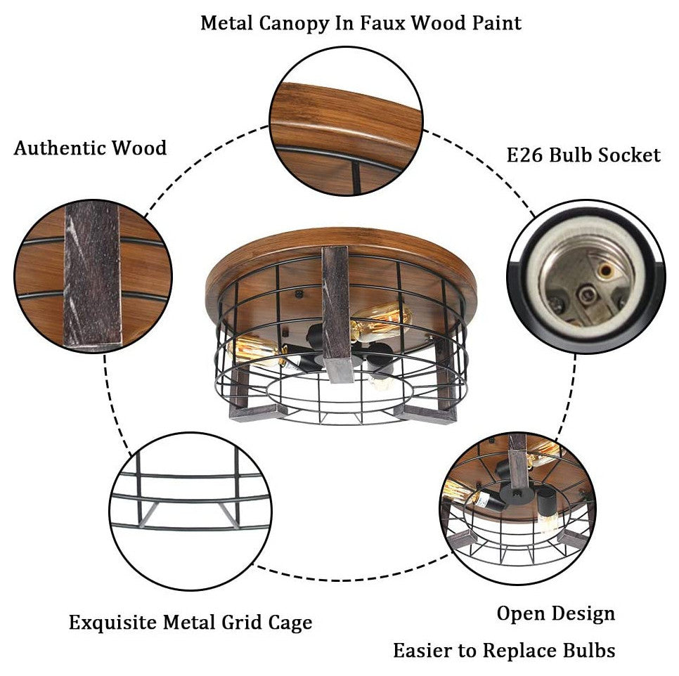 Wood Farmhouse Flush Mount Ceiling Light 2 light rust cage ceiling lamp