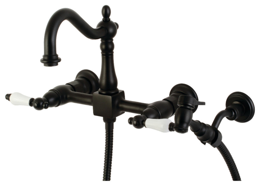 KS126XPLBS-P Heritage Wall Mount Bridge Kitchen Faucet with Brass Sprayer, Matte