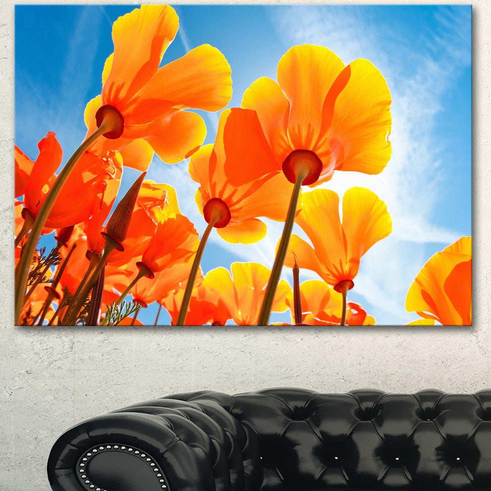 Yellow Spring Flowers on Blue, Floral Canvas Art Print, 40"x30"