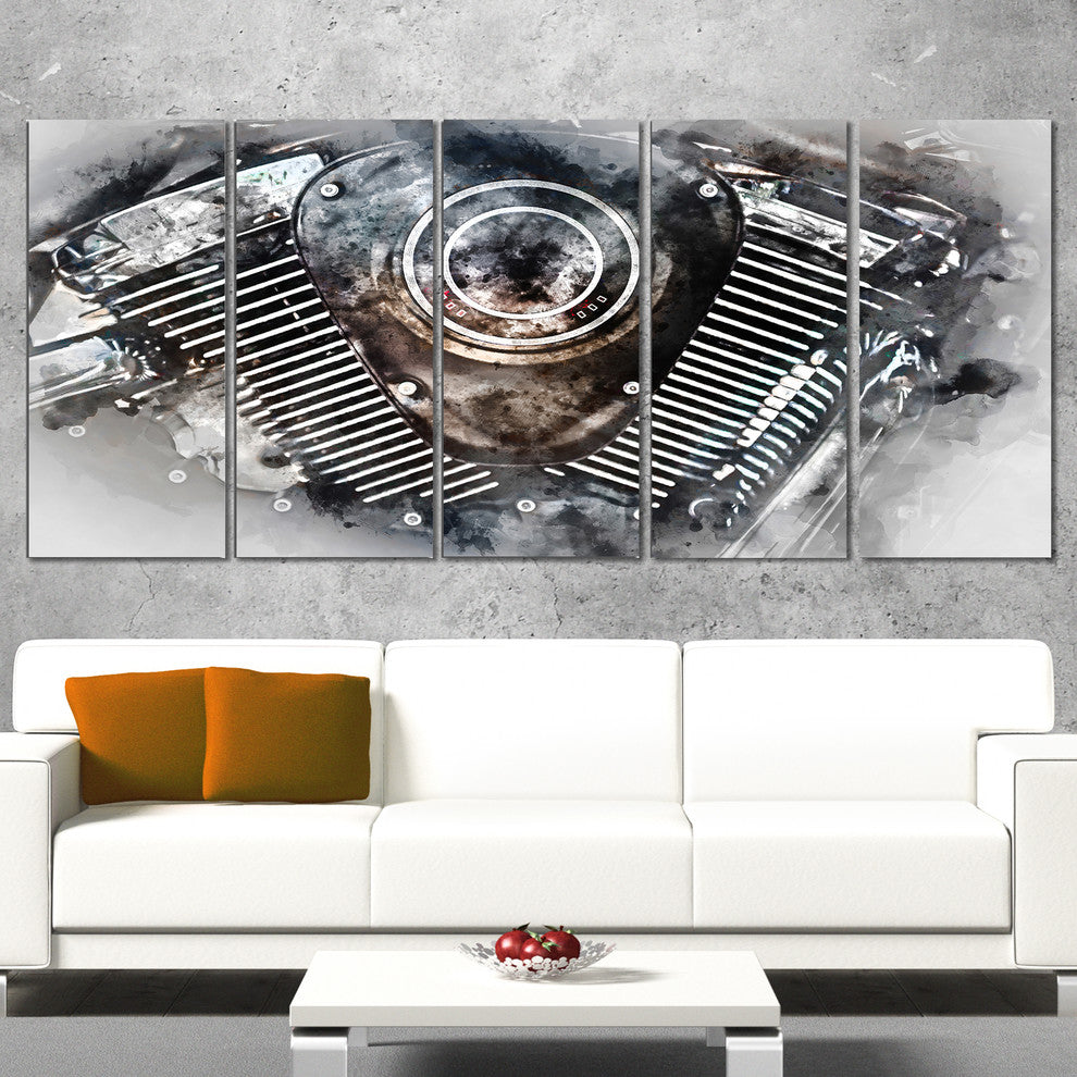 Motorcycle Engine Watercolor, Contemporary Canvas Art Print, 60"x28", 5 Panels