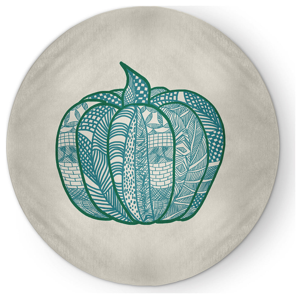Pumpkin Patch Fall Design Chenille Area Rug, Teal, 5' Round
