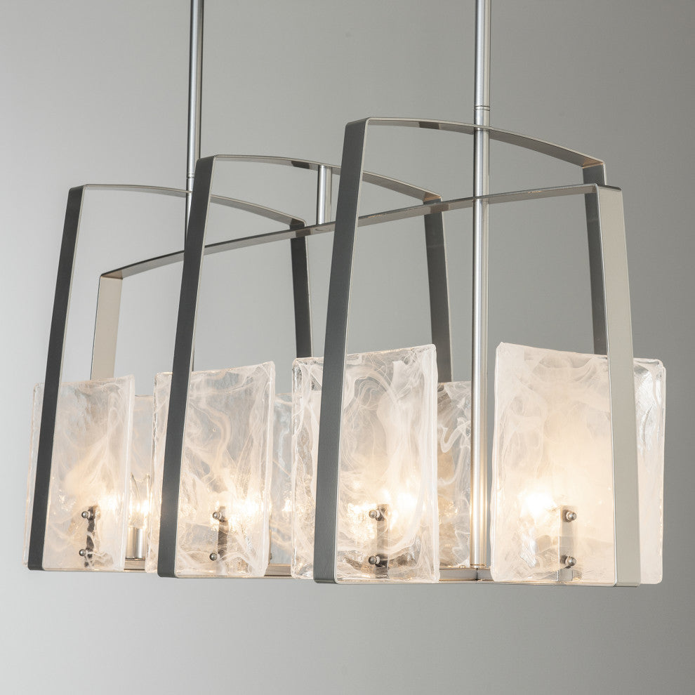 Arc Linear Pendant, Sterling Finish, White Swirl Glass