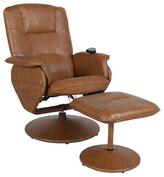 Cason Massaging Multi-Position Recliner with Deep Side Pockets and Ottoman, Brown Leathersoft