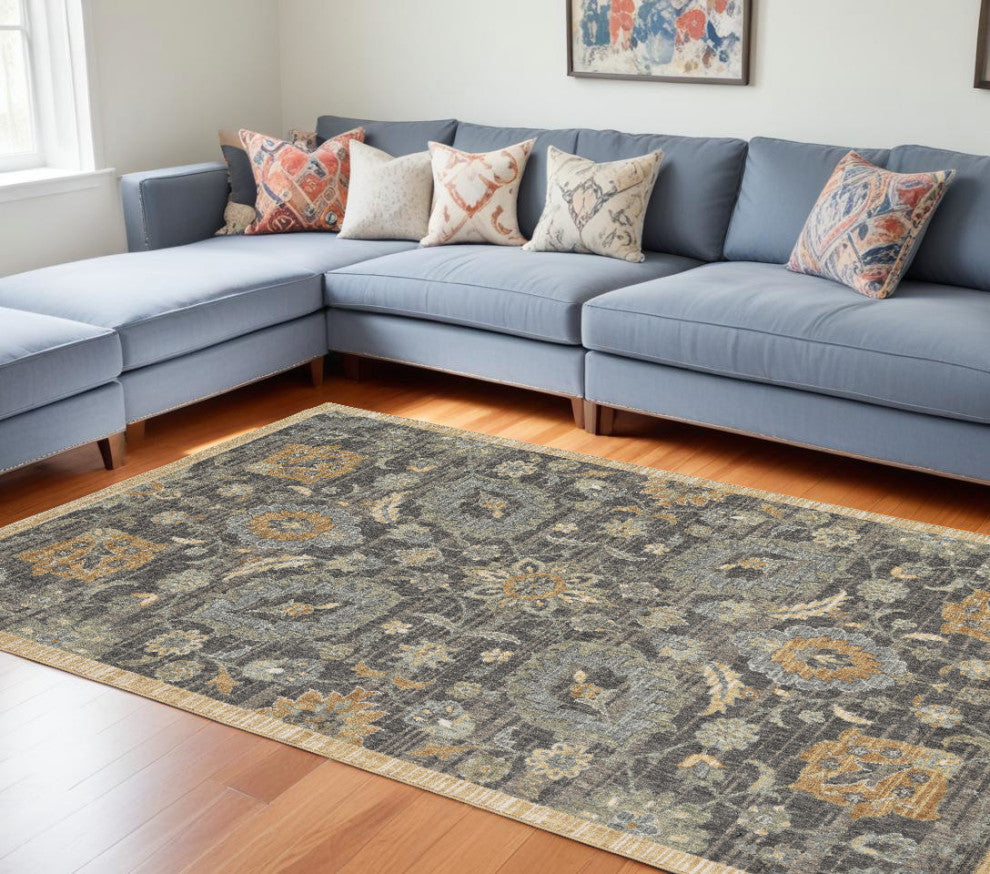 9'x13' Black Orange And Gray Wool Floral Area Rug