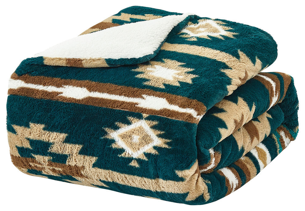 Southwest Blanket With Sherpa Backing, 90"x96", Deep Teal