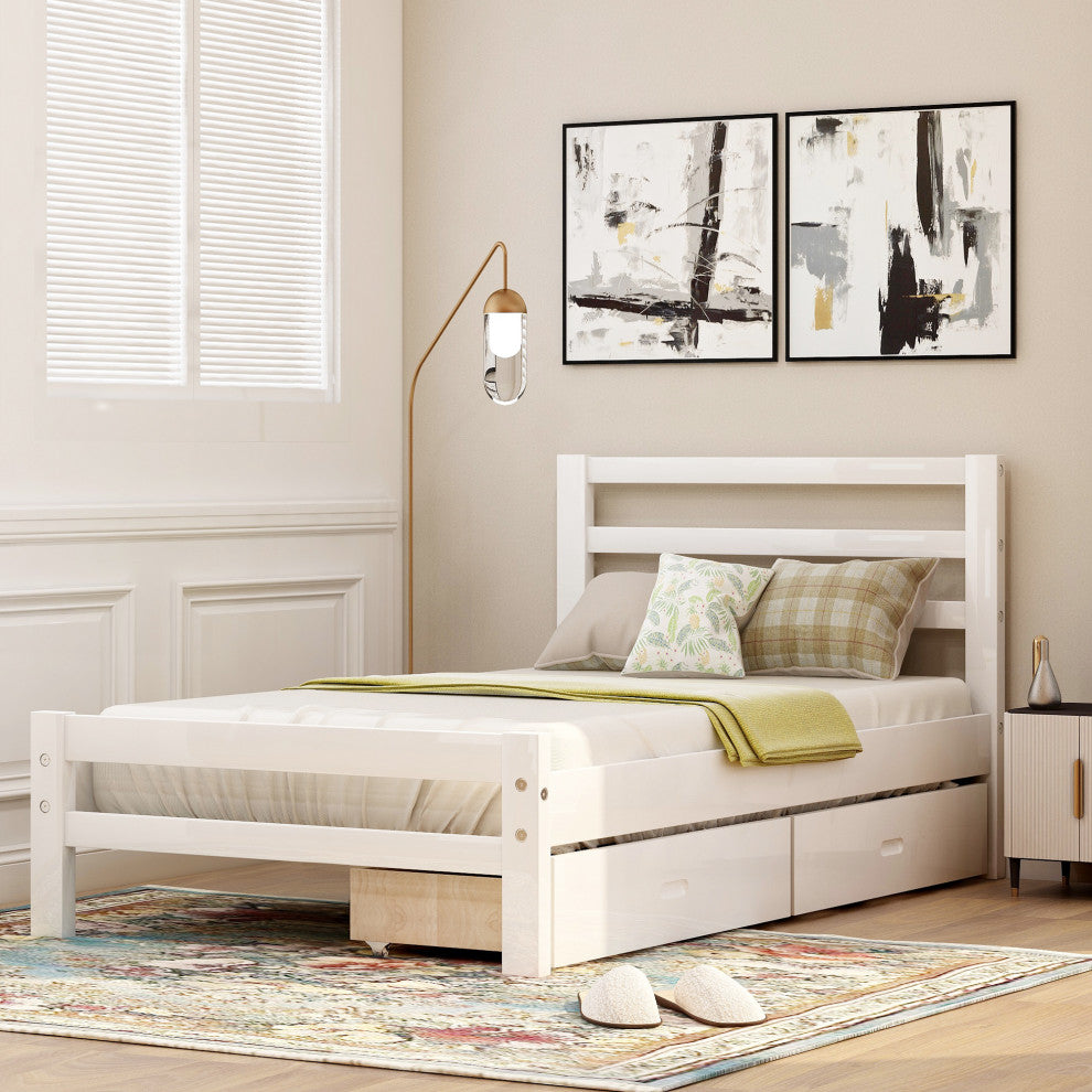 Gewnee Wood platform bed with two drawers, twin in White