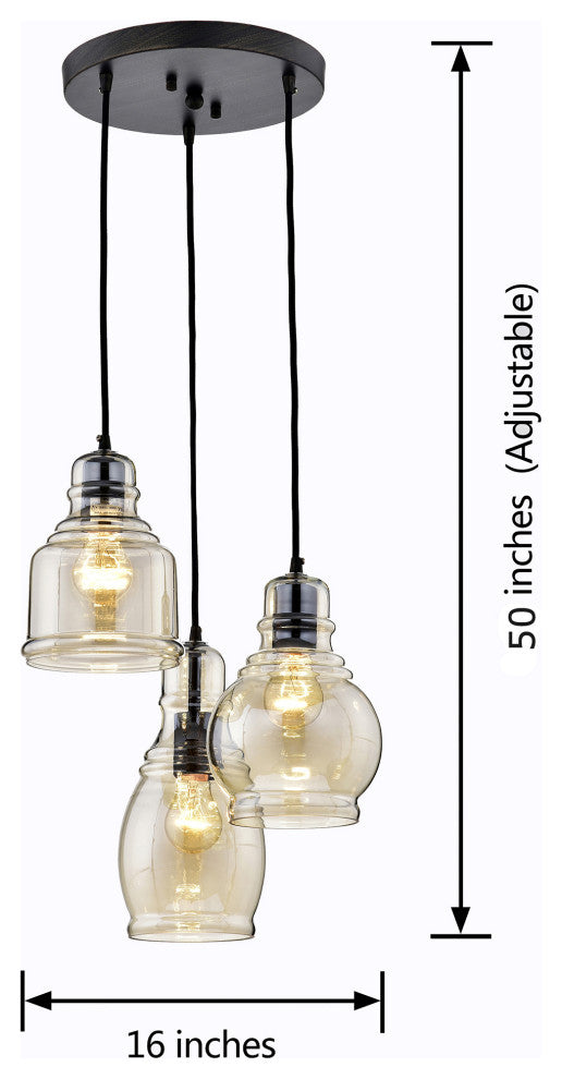 Sara Cognac Glass 3-light Cluster Pendant Chandelier Antique Black Finish