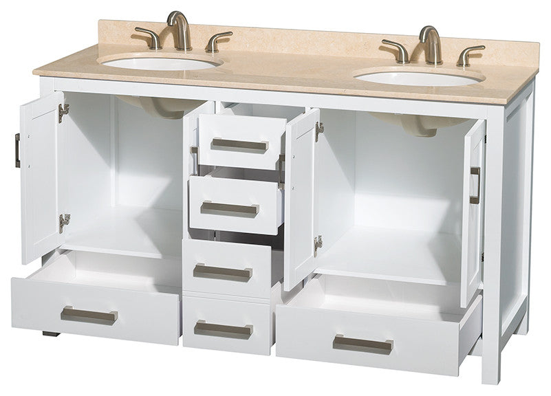Wyndham WCS141460DWHIVUNOMXX White 60 Inch Vanity with Ivory Marble Top
