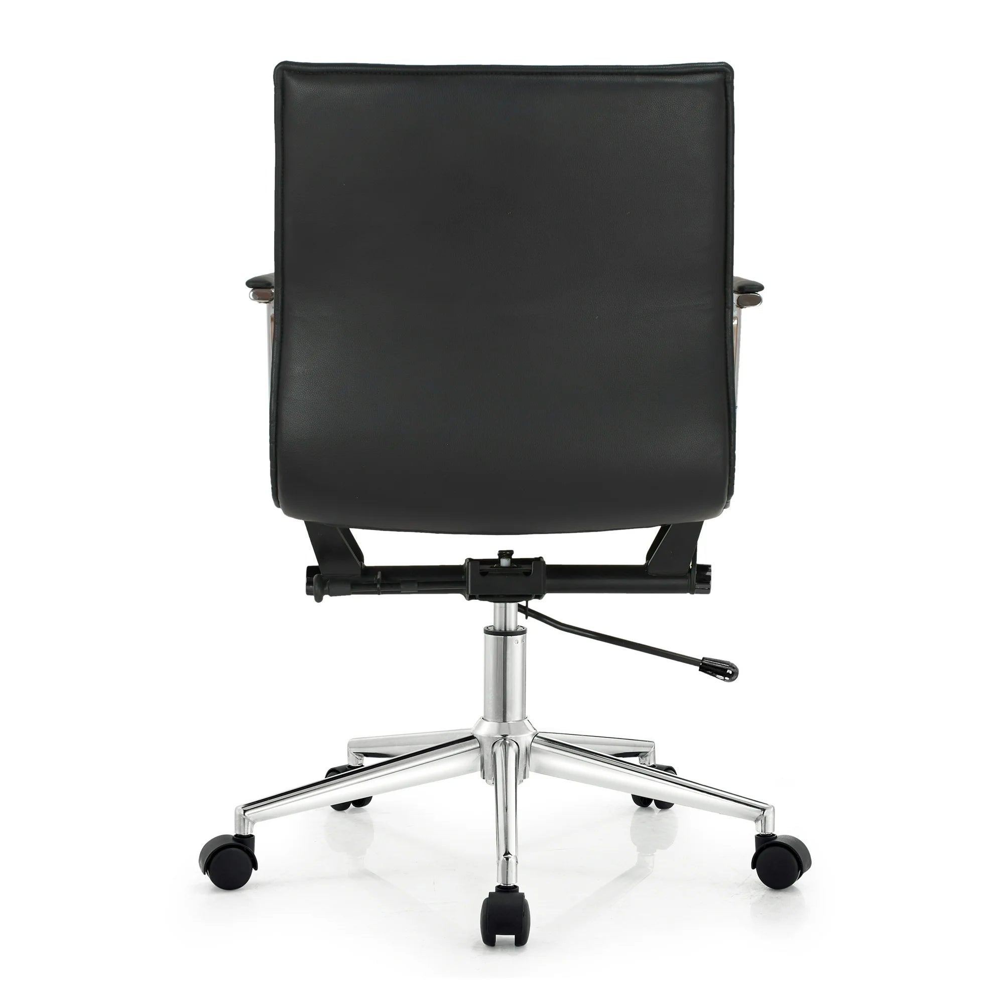 Modern Office Arm Chair With Wheels  Mid Back Ribbed PU Leather Adjustable, Black