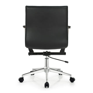 Modern Office Arm Chair With Wheels  Mid Back Ribbed PU Leather Adjustable, Black