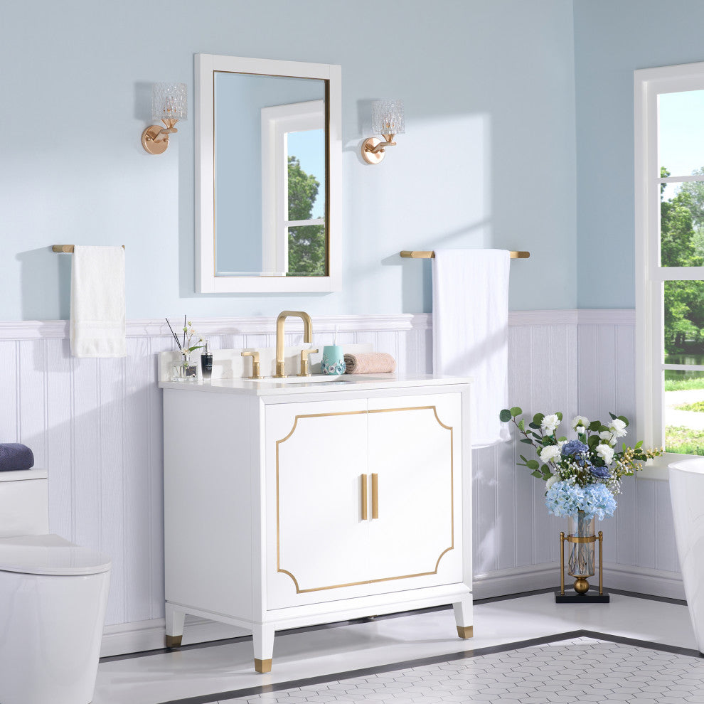 Melody Freestanding Bathroom Vanity with Wall Vanity Mirror and Quartz Top, White, 36"