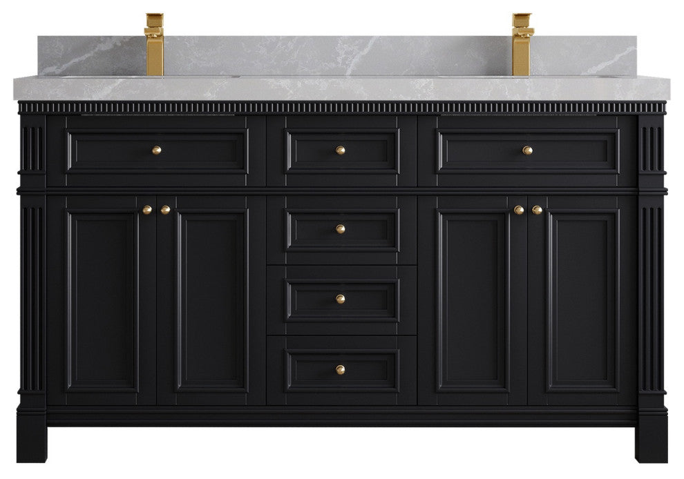Paris 60" Double Sink Bathroom Vanity, Black 2" Pearl Gray