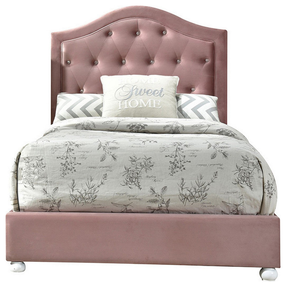 Benzara BM252760 Twin Bed With Button Tufted Arched Headboard, Pink