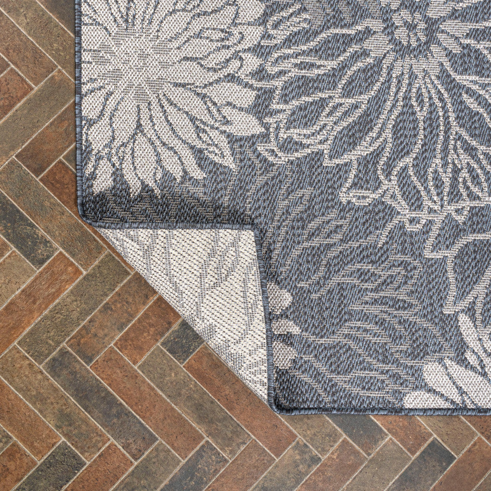 Bahamas Modern All-Over Floral Indoor/Outdoor Area Rug, Navy/Gray, 2x8