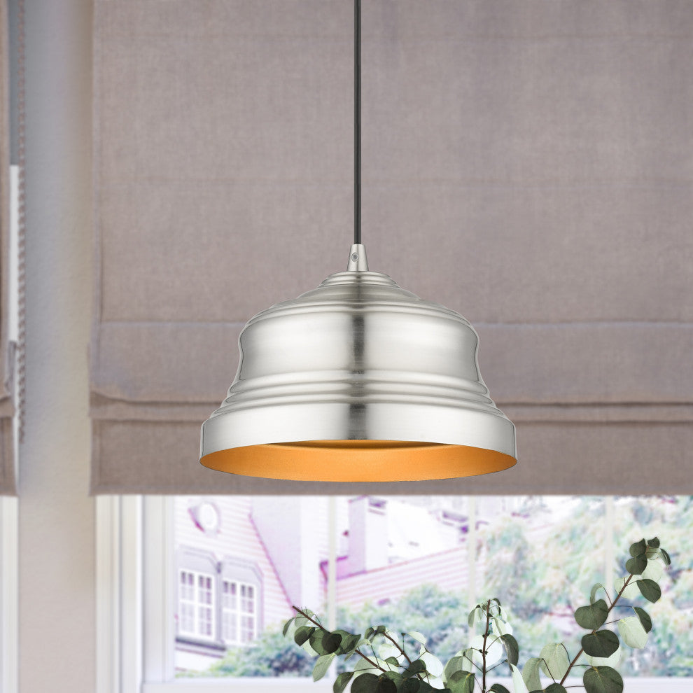 Endicott 1-Light Brushed Nickel Bell Pendant, Gold Inside