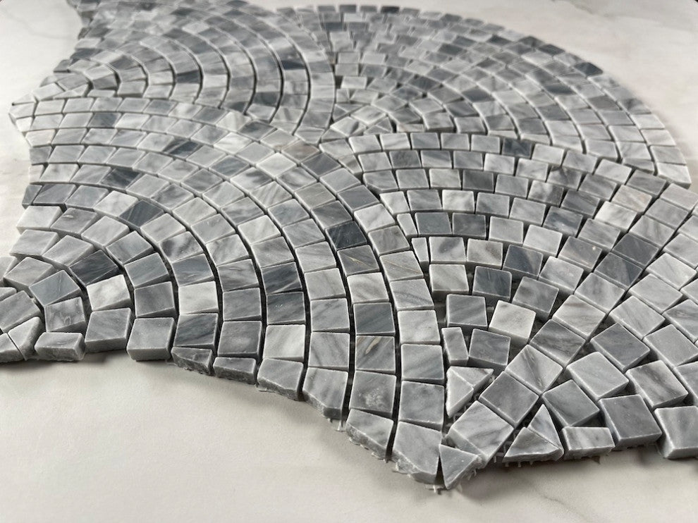 Bardiglio Gray Marble Fish Scale Scallop Fan Pattern Mosaic Tile Honed, 1 sheet