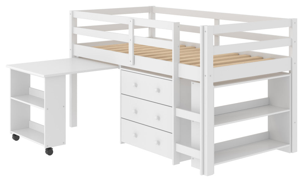 Donco Kids Studying Student Low-Loft Bed, White, Twin