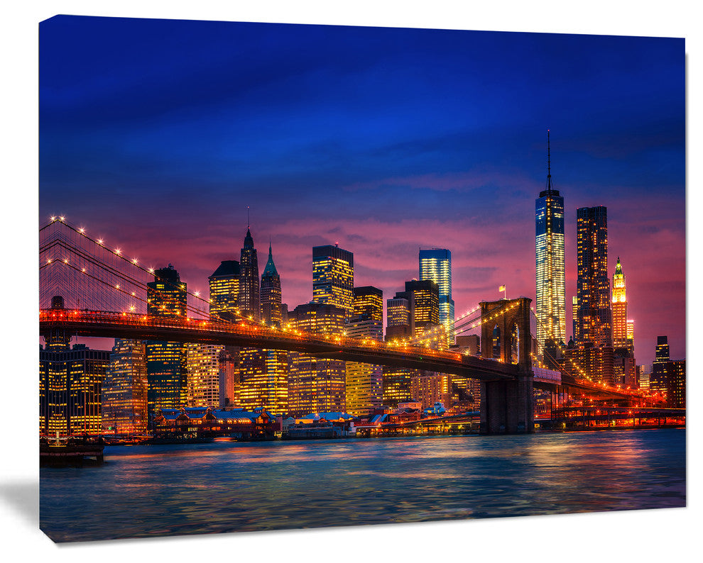 Manhattan with Lights and Reflections, Extra Large Canvas Art Print, 60"x28"