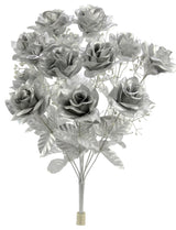 12 Stems Artificial Veined Satin Rose Flowers Bush, Silver