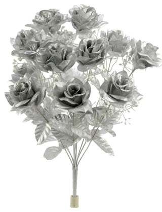 12 Stems Artificial Veined Satin Rose Flowers Bush, Silver