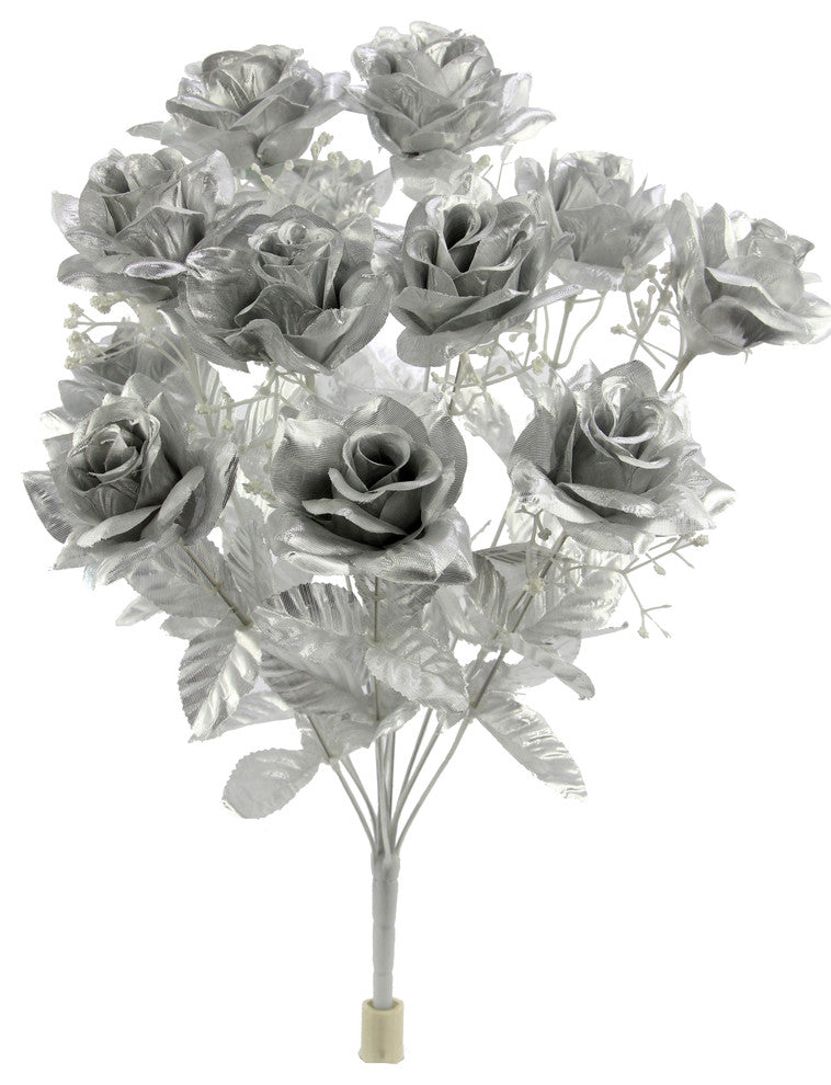 12 Stems Artificial Veined Satin Rose Flowers Bush, Silver