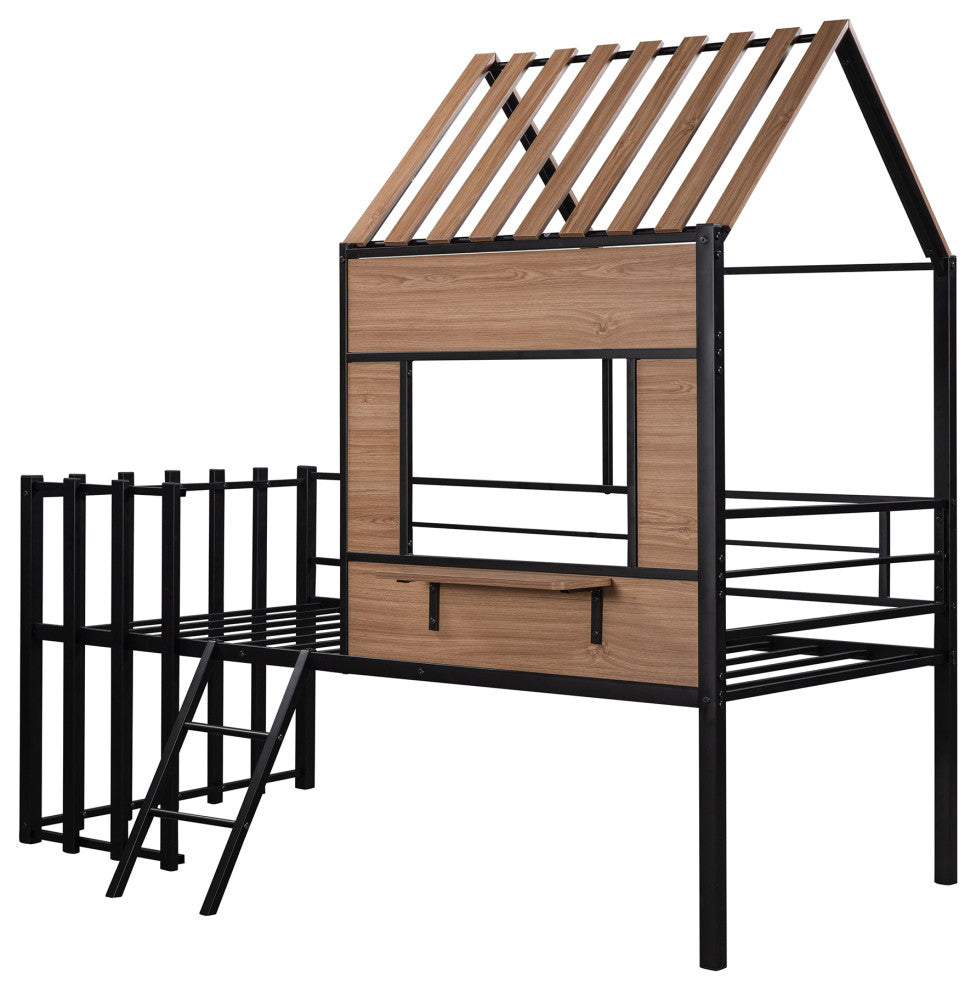 Gewnee Metal Twin size Loft Bed with Roof, Window, Guardrail, Ladder in Black