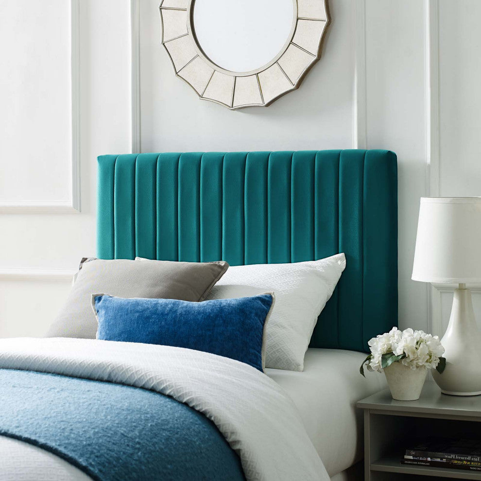 Contemporary Modern Bedroom Twin Size Headbaord, Velvet Fabric, Aqua Blue