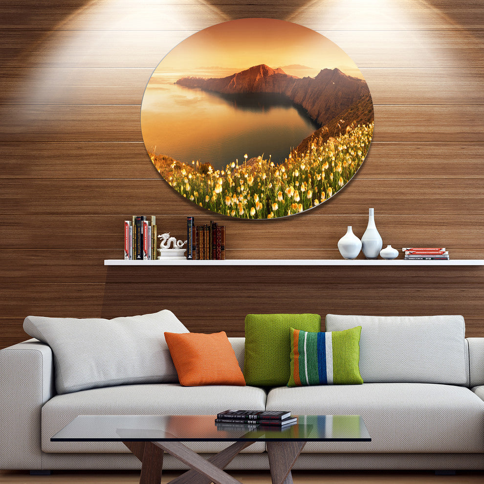 Sunrise Wildflowers On Santorini, Modern Flower Disc Metal Artwork, 23"