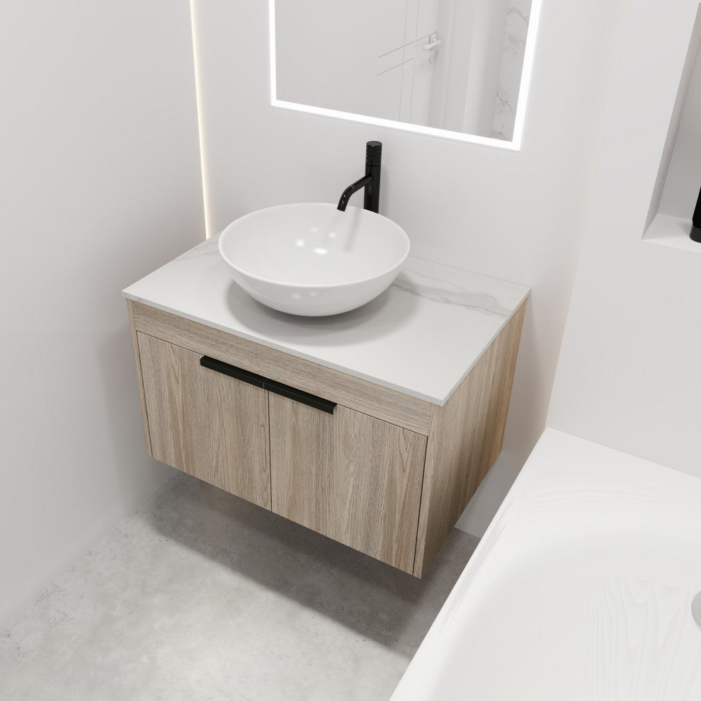 Wall-Mounted Bath Vanity, White Oak, White Ceramic Vessel Sink