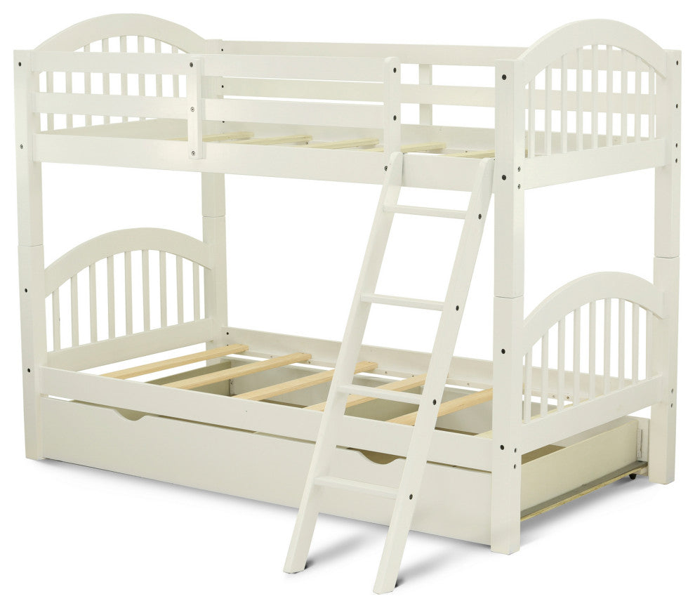 Verona Twin Bunk Bed In White Finish With Convertible Trundle & Drawer