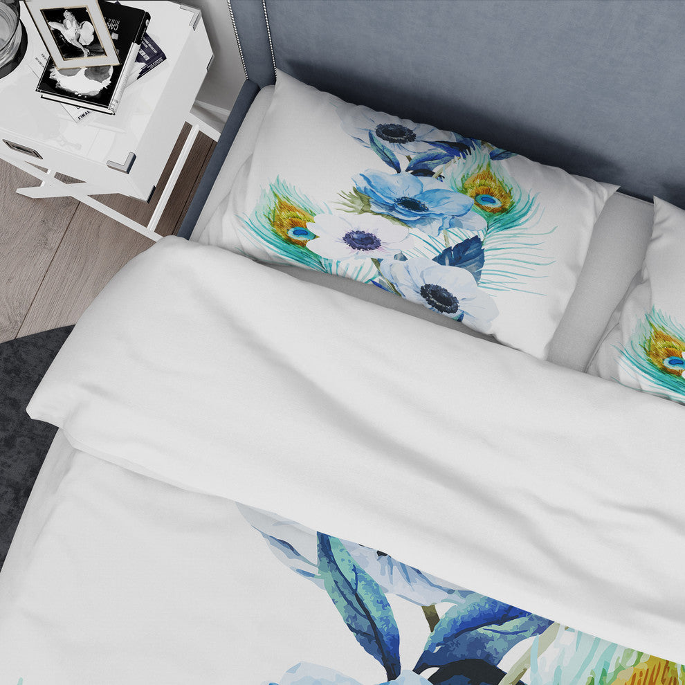 Handpainted Anemones and Peacock Feathers Floral Duvet Cover, King